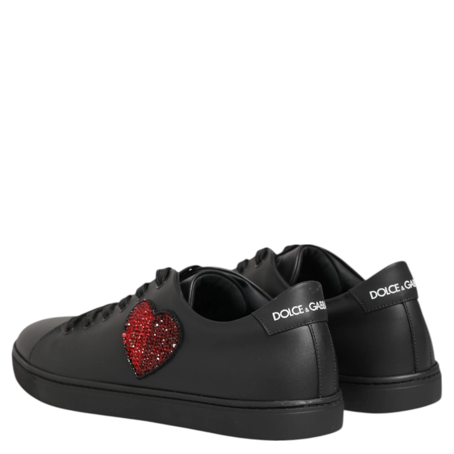 Black Leather Crystal Heart Sneakers Shoes