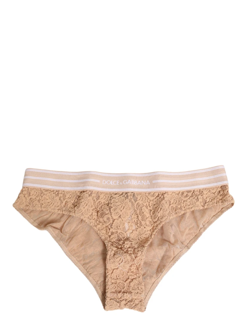 Beige Lace Brasiliano Briefs Logo Waistband Underwear