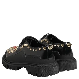 Black Leather Jeweled Crystals Derby Shoes