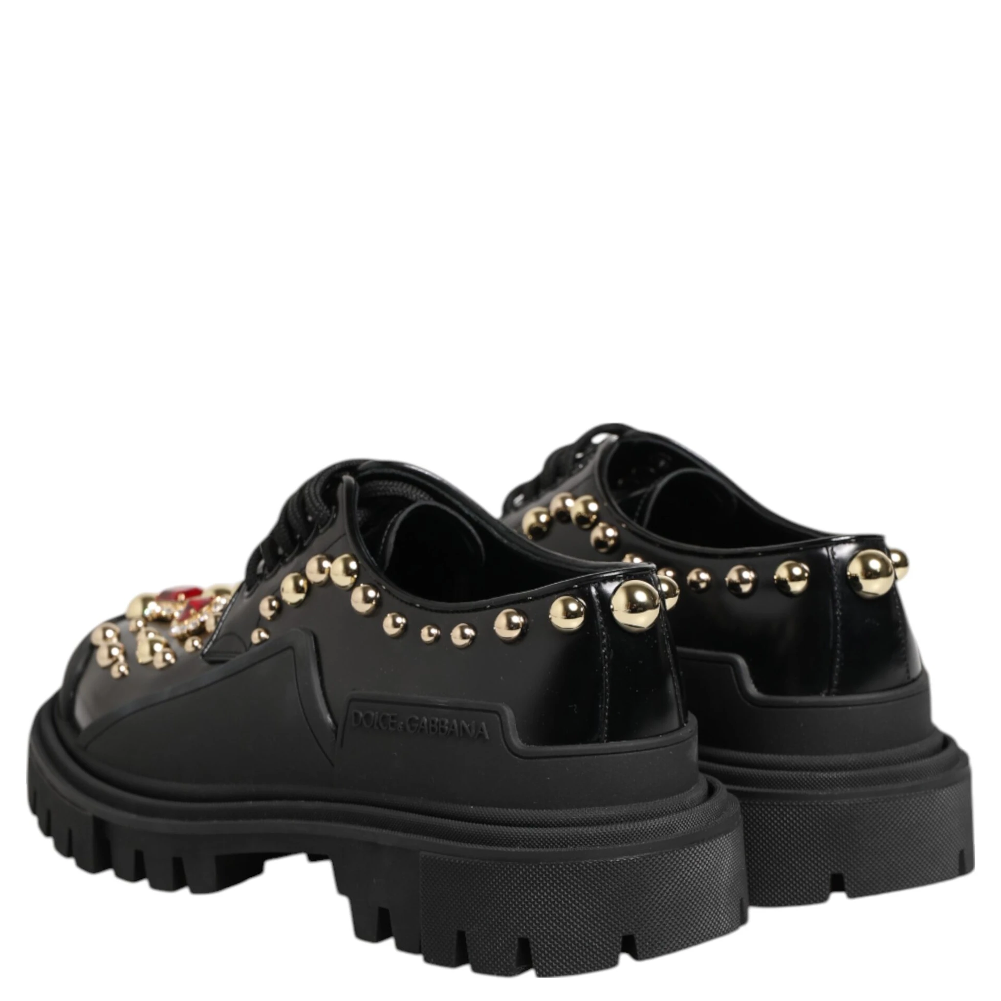 Black Leather Jeweled Crystals Derby Shoes