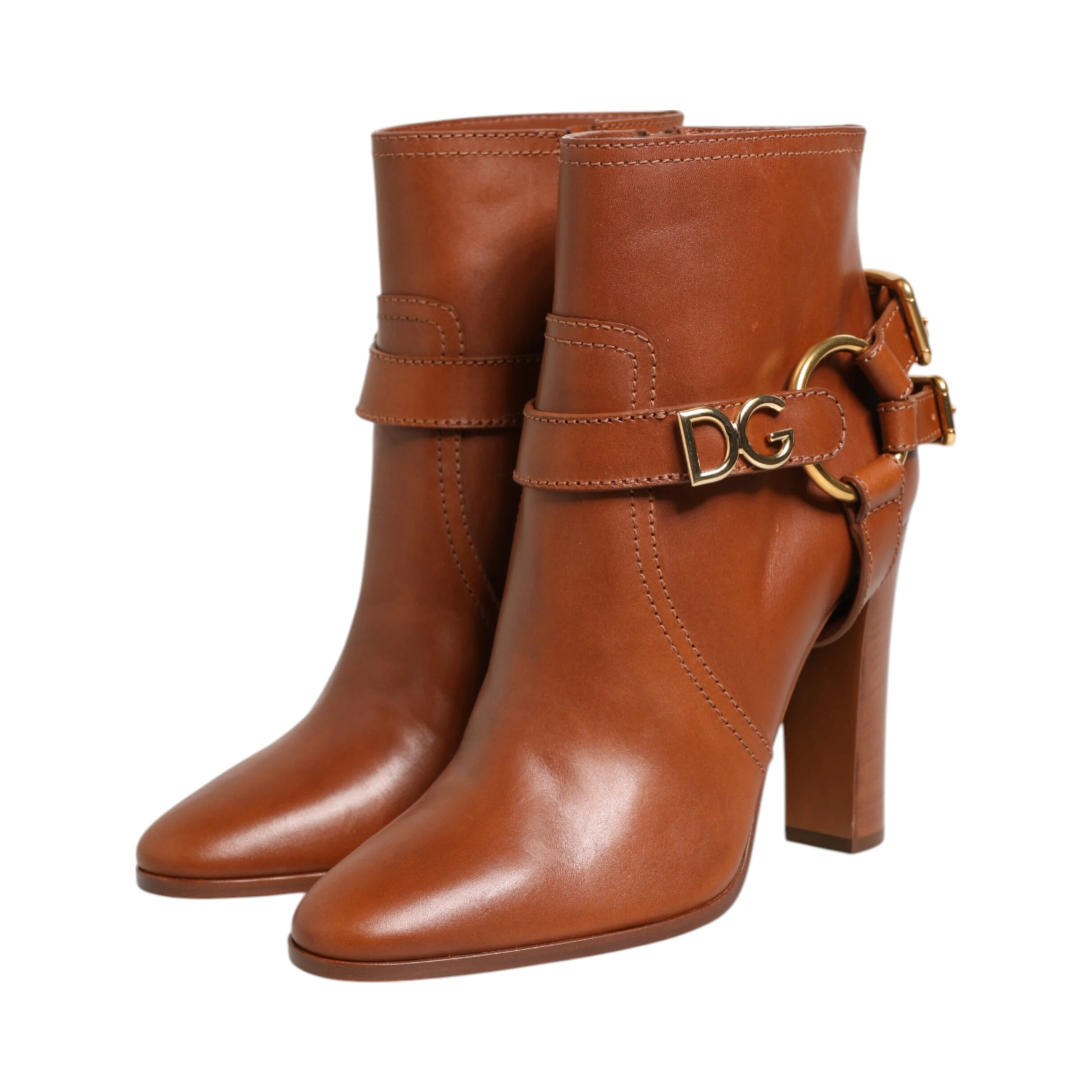 Brown Leather DG Logo Buckle Ankle Boots Shoes