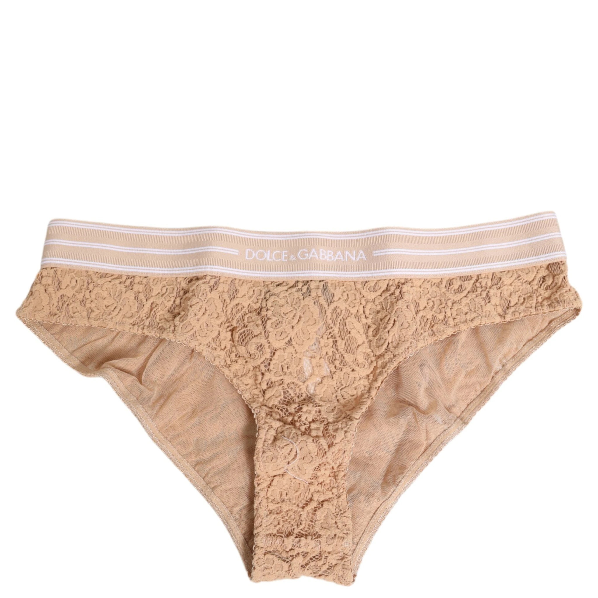 Beige Lace Brasiliano Briefs Logo Waistband Underwear