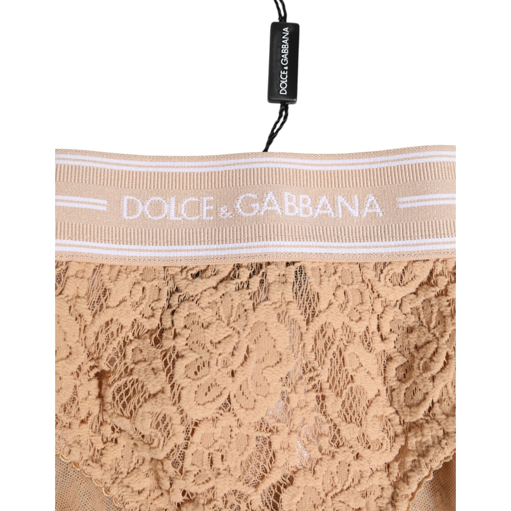 Beige Lace Brasiliano Briefs Logo Waistband Underwear