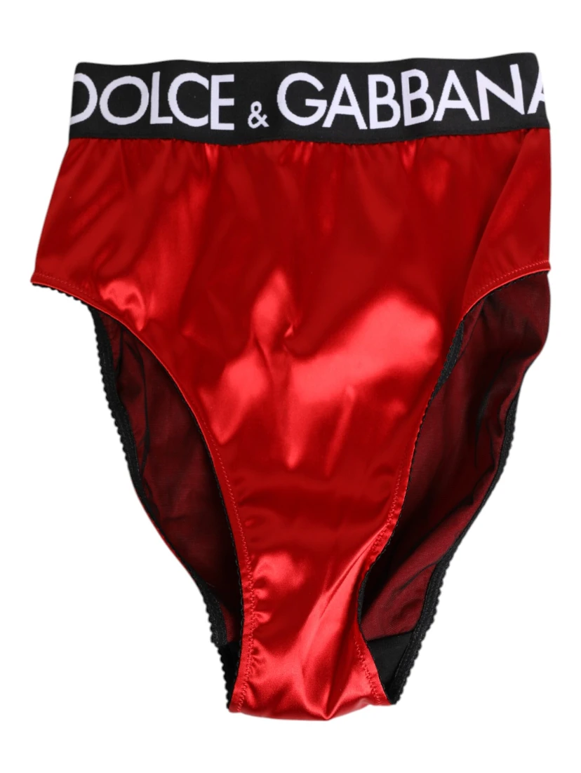 Red Satin High-Waist Briefs Logo Women Underwear
