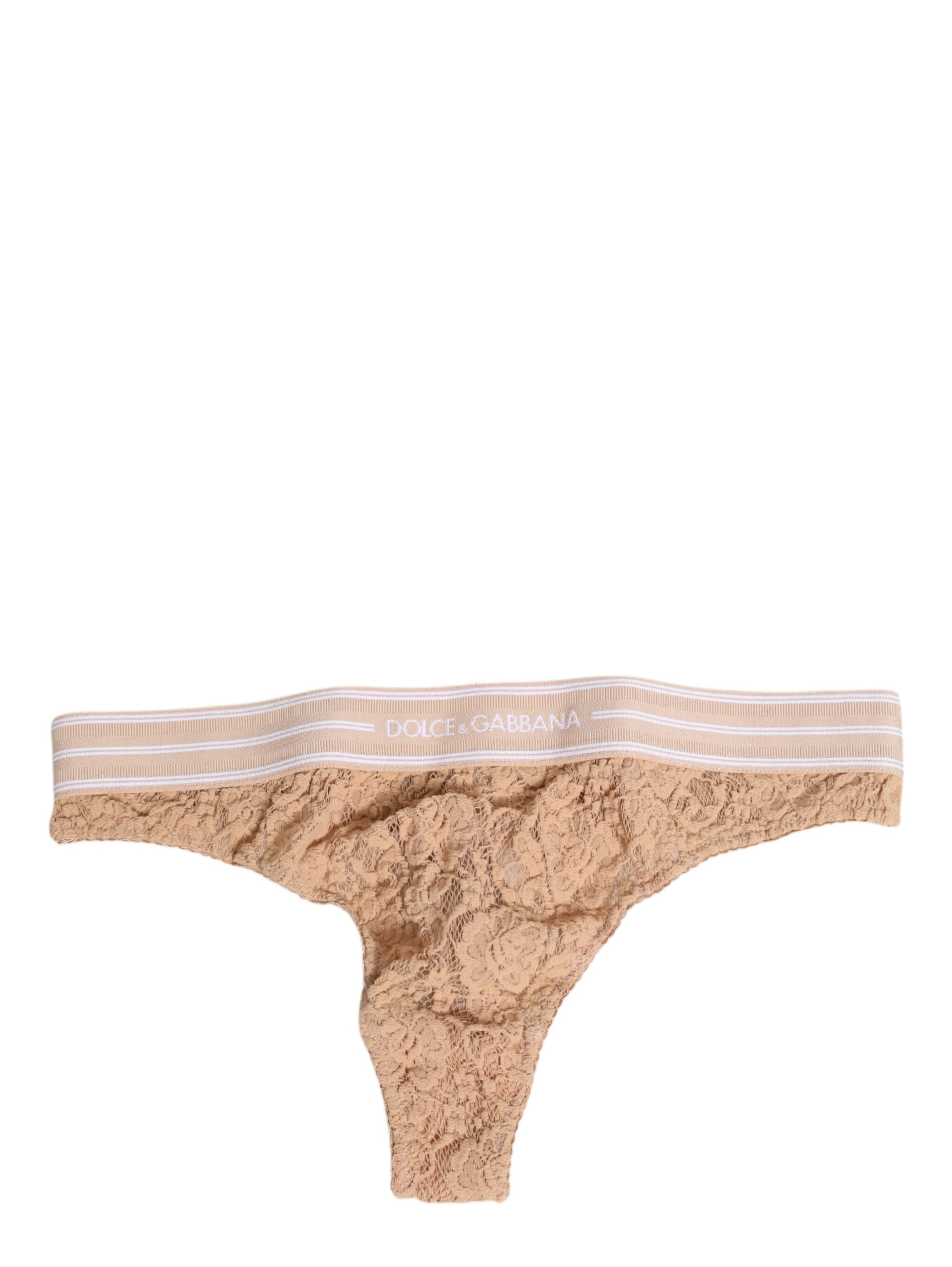 Beige Lace Logo Elastic Waist Thong Tanga Underwear