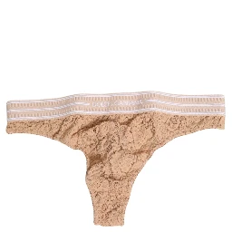 Beige Lace Logo Elastic Waist Thong Tanga Underwear