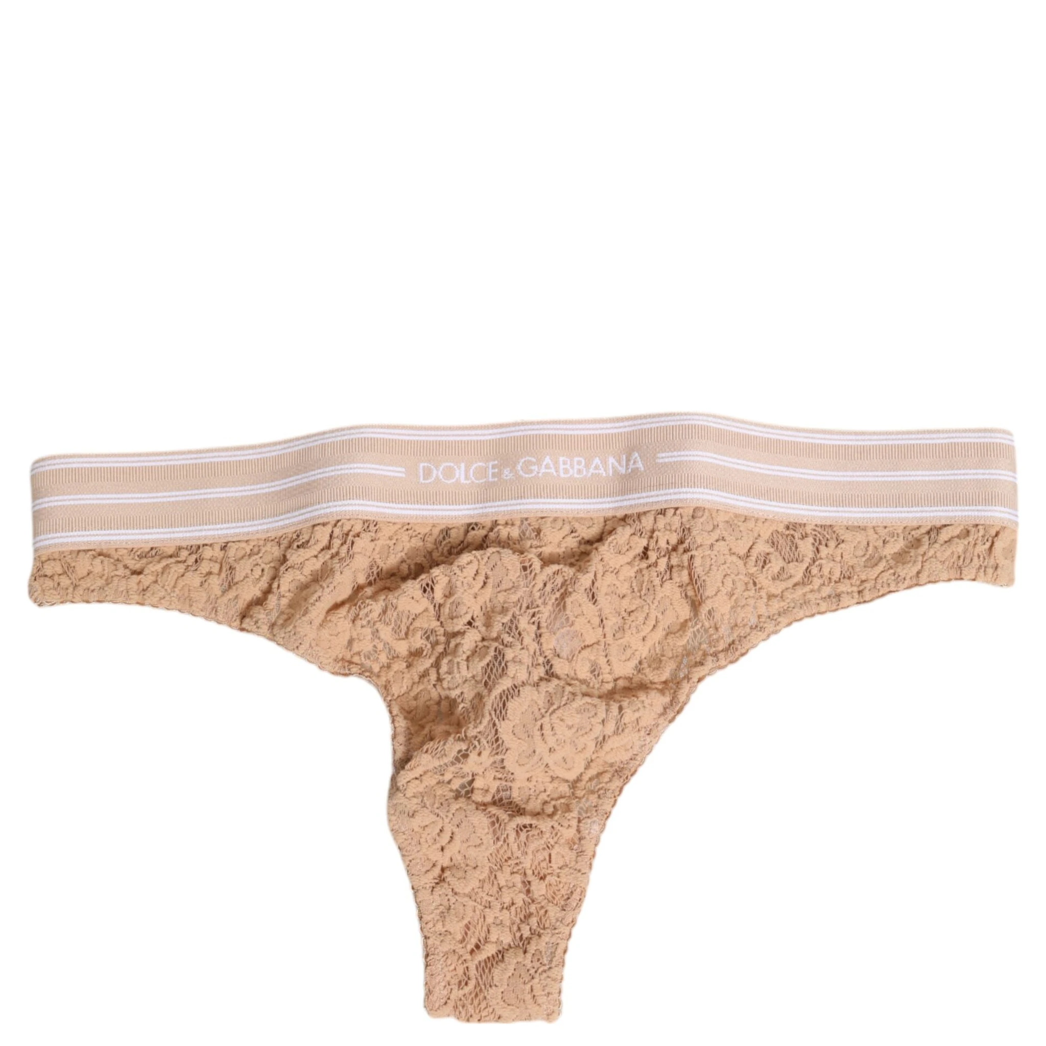 Beige Lace Logo Elastic Waist Thong Tanga Underwear