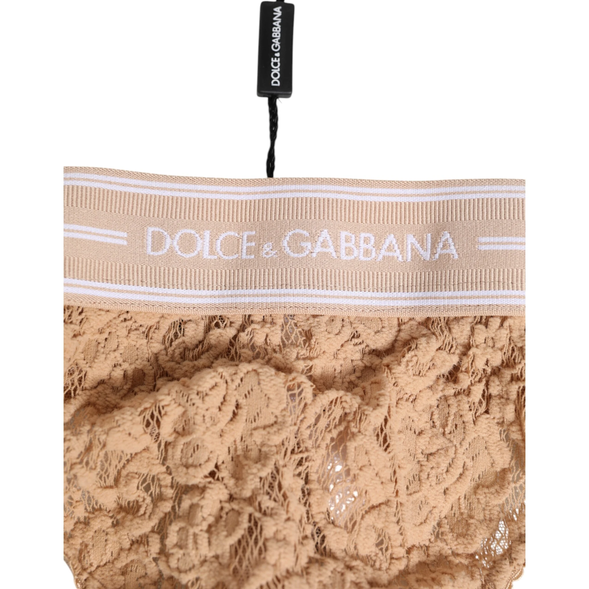 Beige Lace Logo Elastic Waist Thong Tanga Underwear