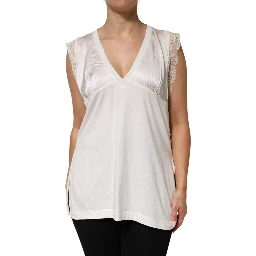 White Silk Blend Lace Trim Sleeveless V-Neck Women’s Top