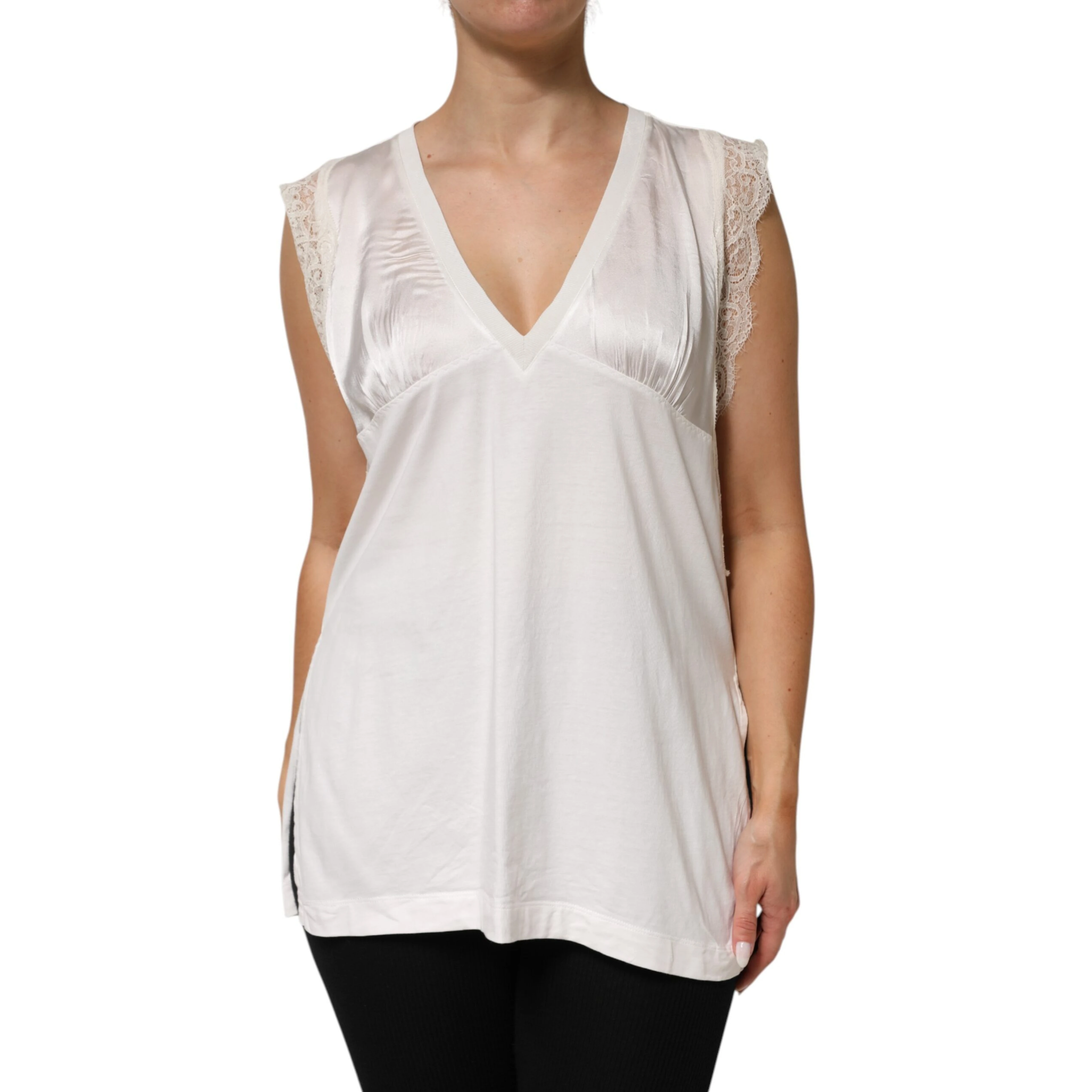 White Silk Blend Lace Trim Sleeveless V-Neck Women’s Top
