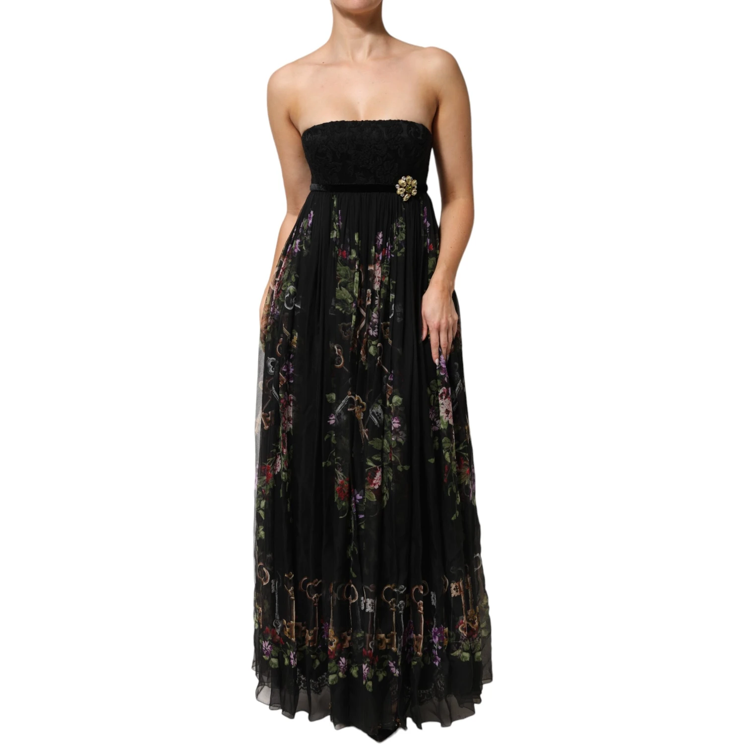 Black Floral Key Print Crystal Strapless Dress