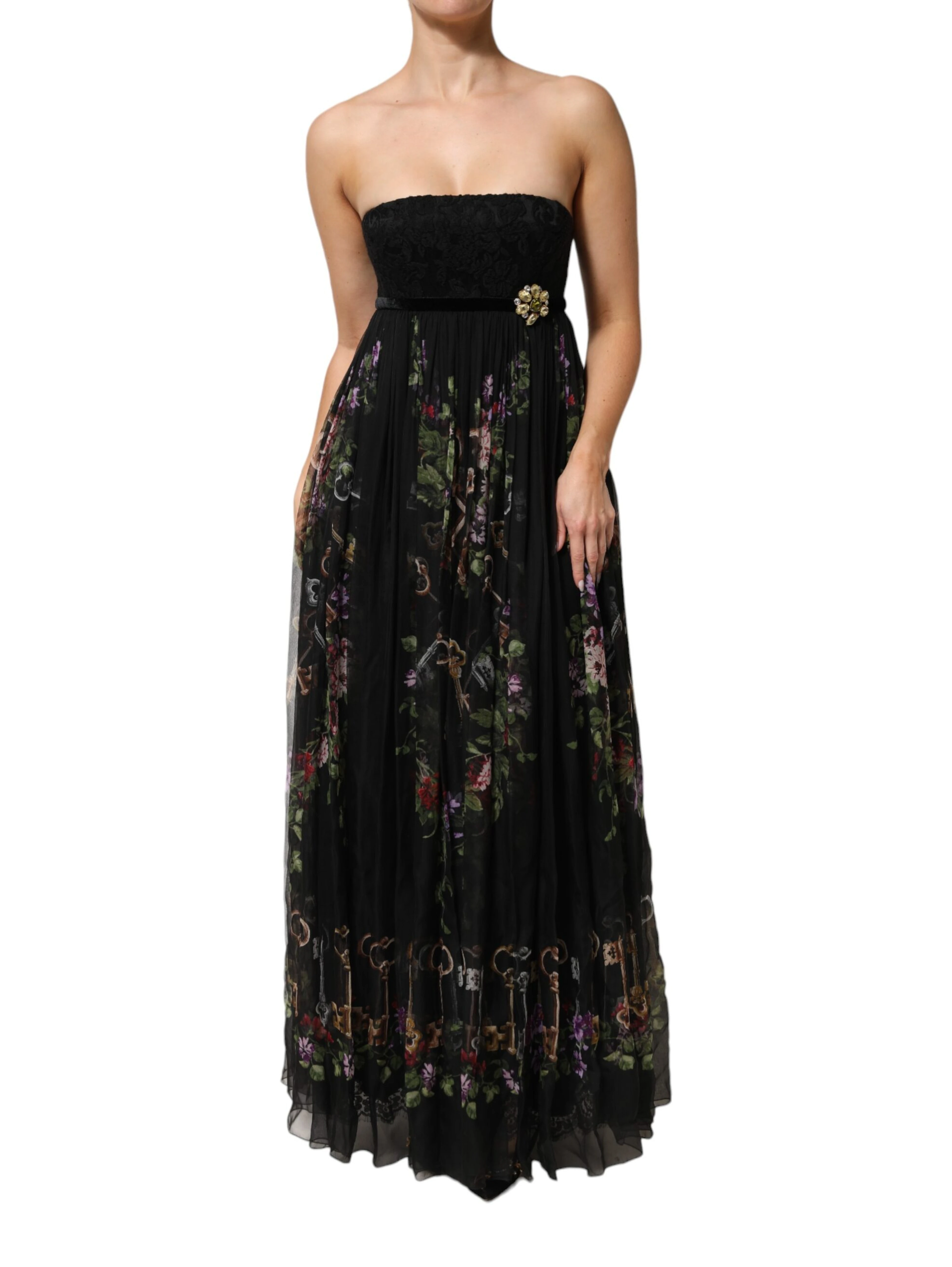 Black Floral Key Print Crystal Strapless Dress