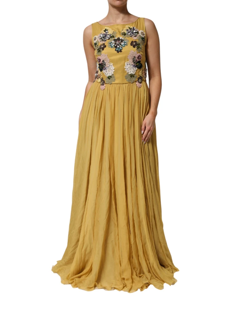 Yellow Silk Floral Embroidered Maxi Dress