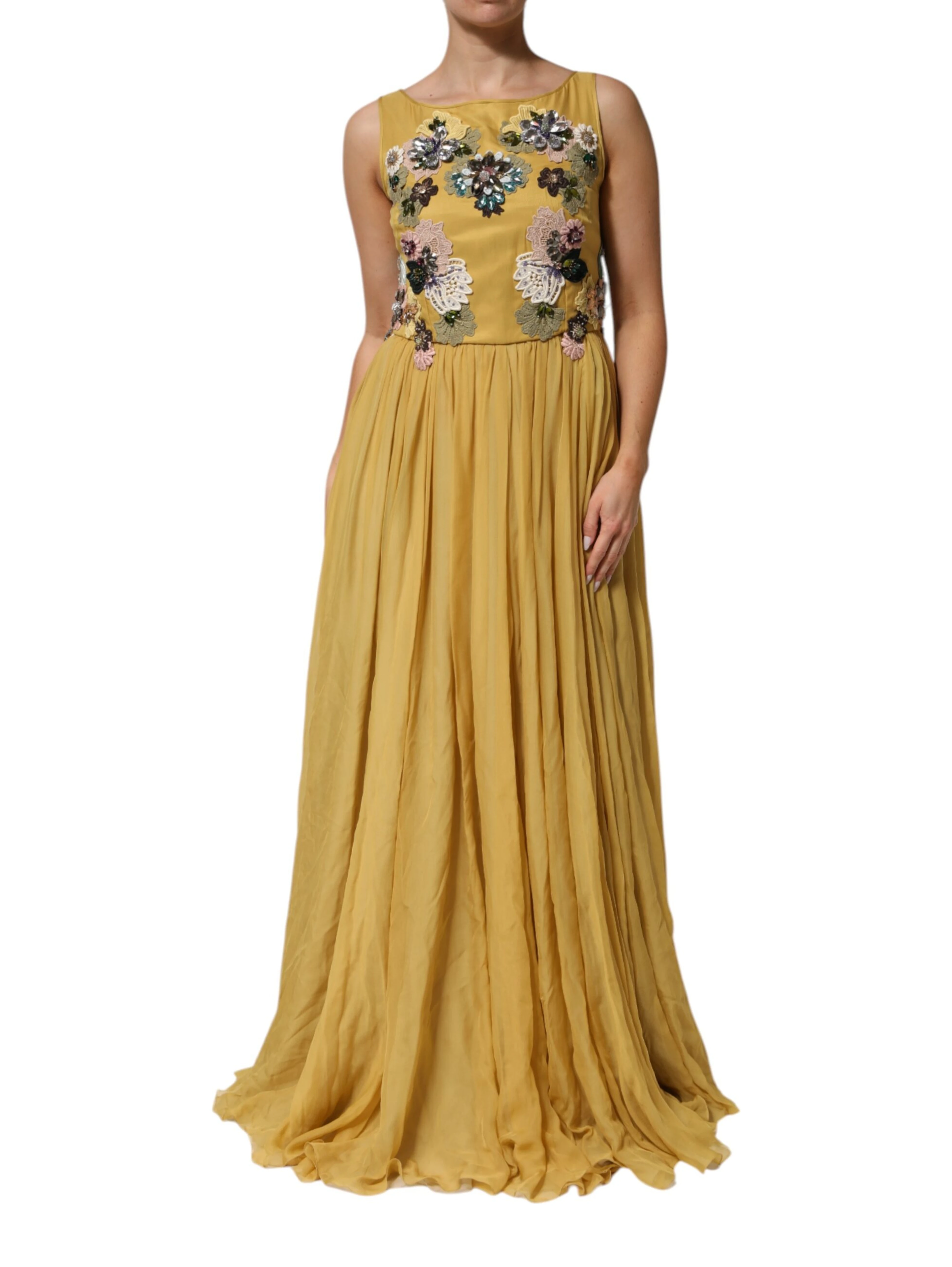 Yellow Silk Floral Embroidered Maxi Dress