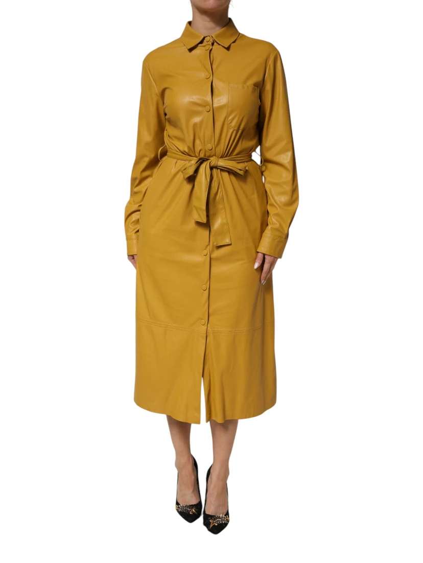 Polyester Belted Shirt Midi Long Sleeve Yellow Mustard