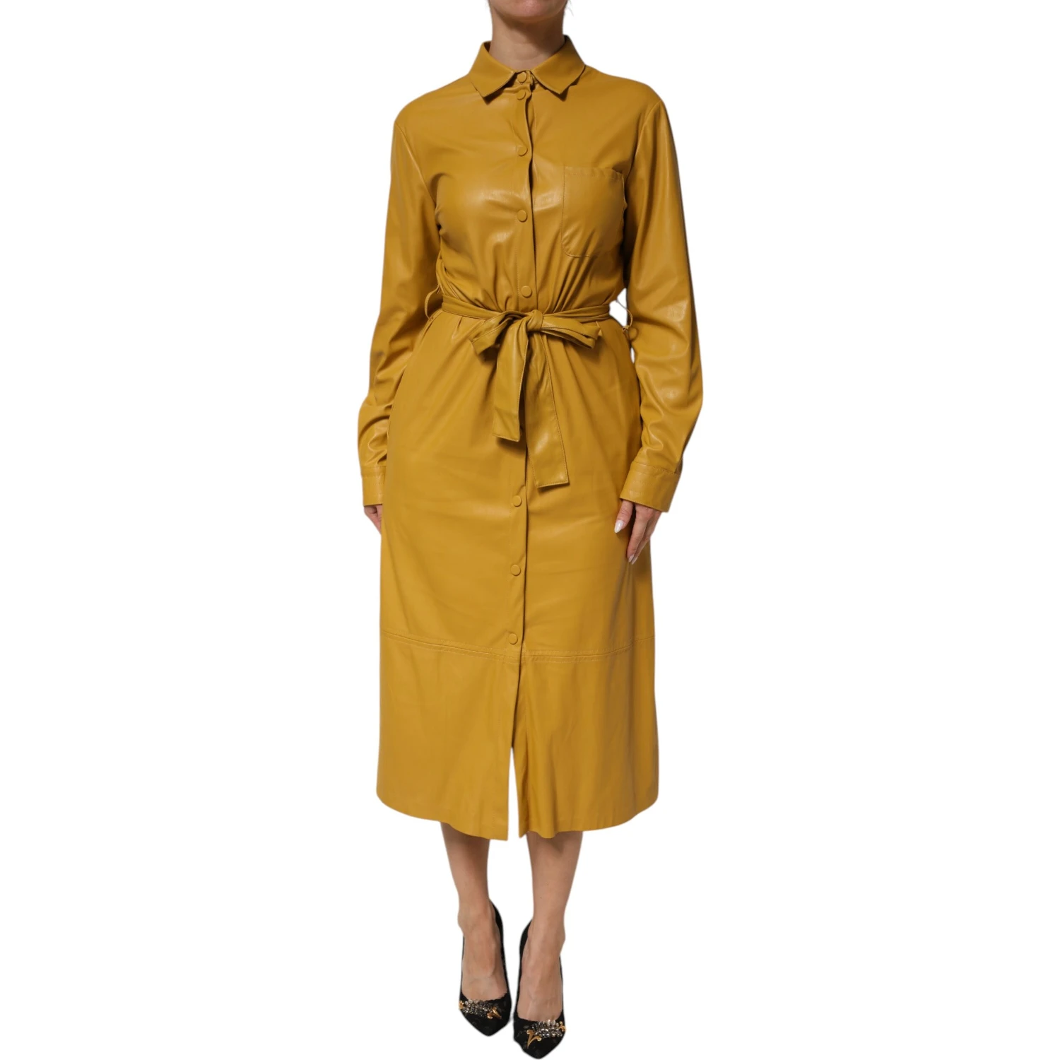 Polyester Belted Shirt Midi Long Sleeve Yellow Mustard