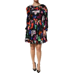 Dress Black Multicolor Floral Ruffle Long Sleeve Mini Dress