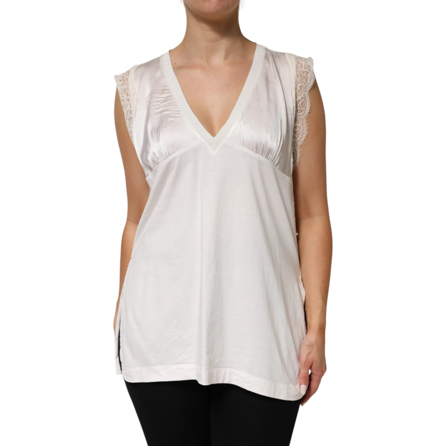 White Silk Blend Lace Trim Sleeveless V-Neck Women’s Top