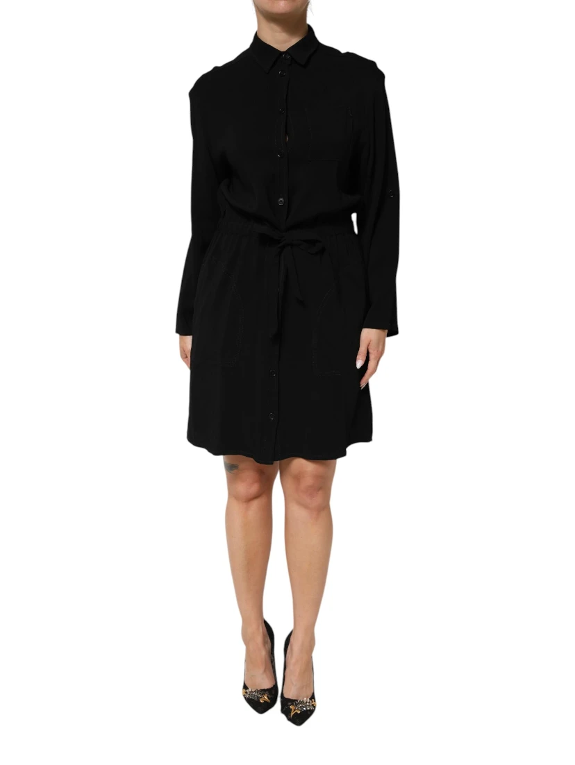 Black Viscose Blend Shirt Style Belted  Dress