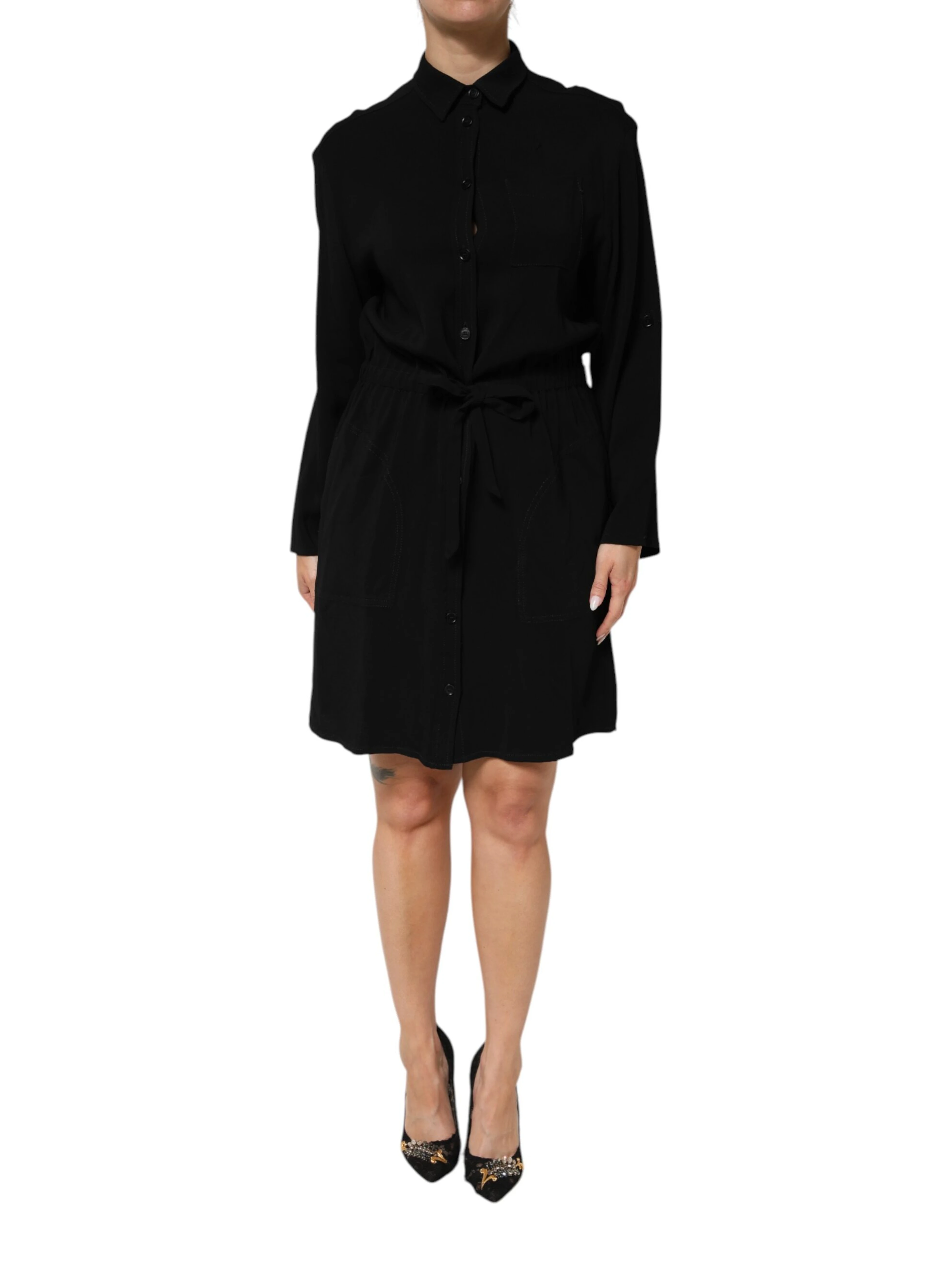 Black Viscose Blend Shirt Style Belted  Dress