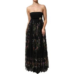 Black Floral Key Print Crystal Strapless Dress