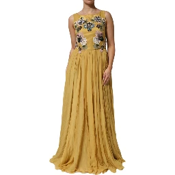 Yellow Silk Floral Embroidered Maxi Dress