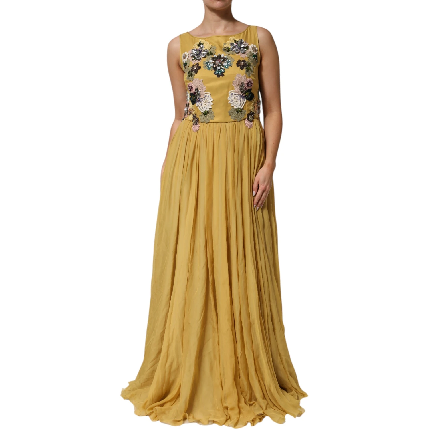 Yellow Silk Floral Embroidered Maxi Dress