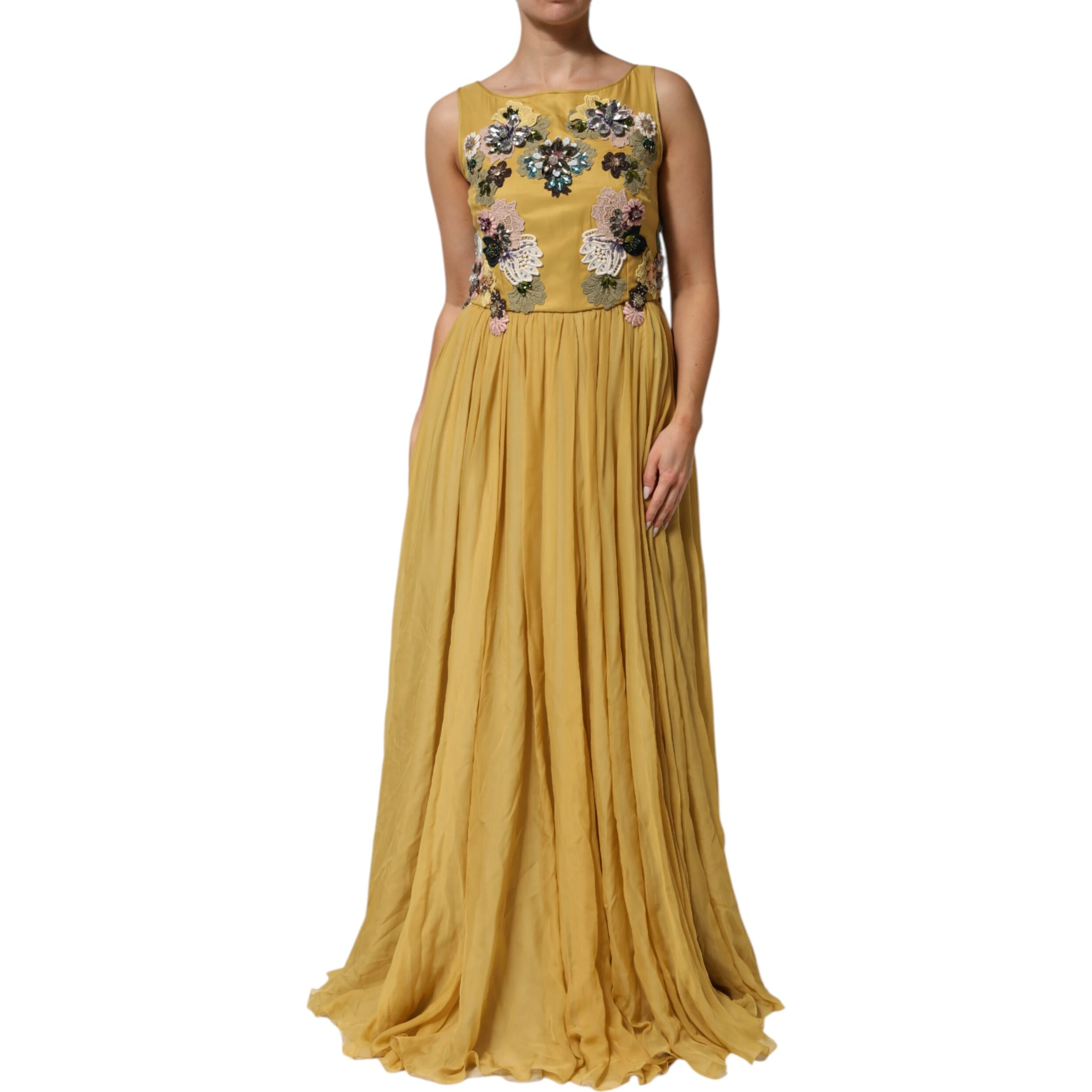 Yellow Silk Floral Embroidered Maxi Dress