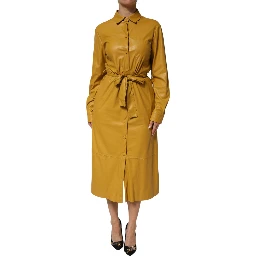 Polyester Belted Shirt Midi Long Sleeve Yellow Mustard