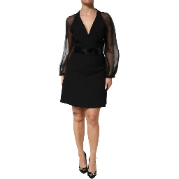 Black Sheer Sleeve Belted V-Neck Mini Dress