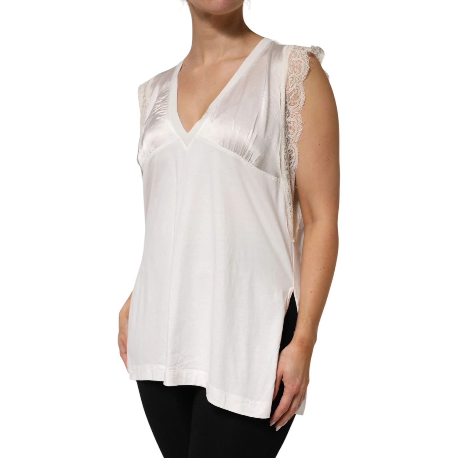 White Silk Blend Lace Trim Sleeveless V-Neck Women’s Top