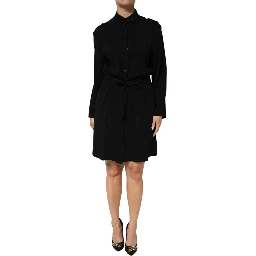 Black Viscose Blend Shirt Style Belted  Dress