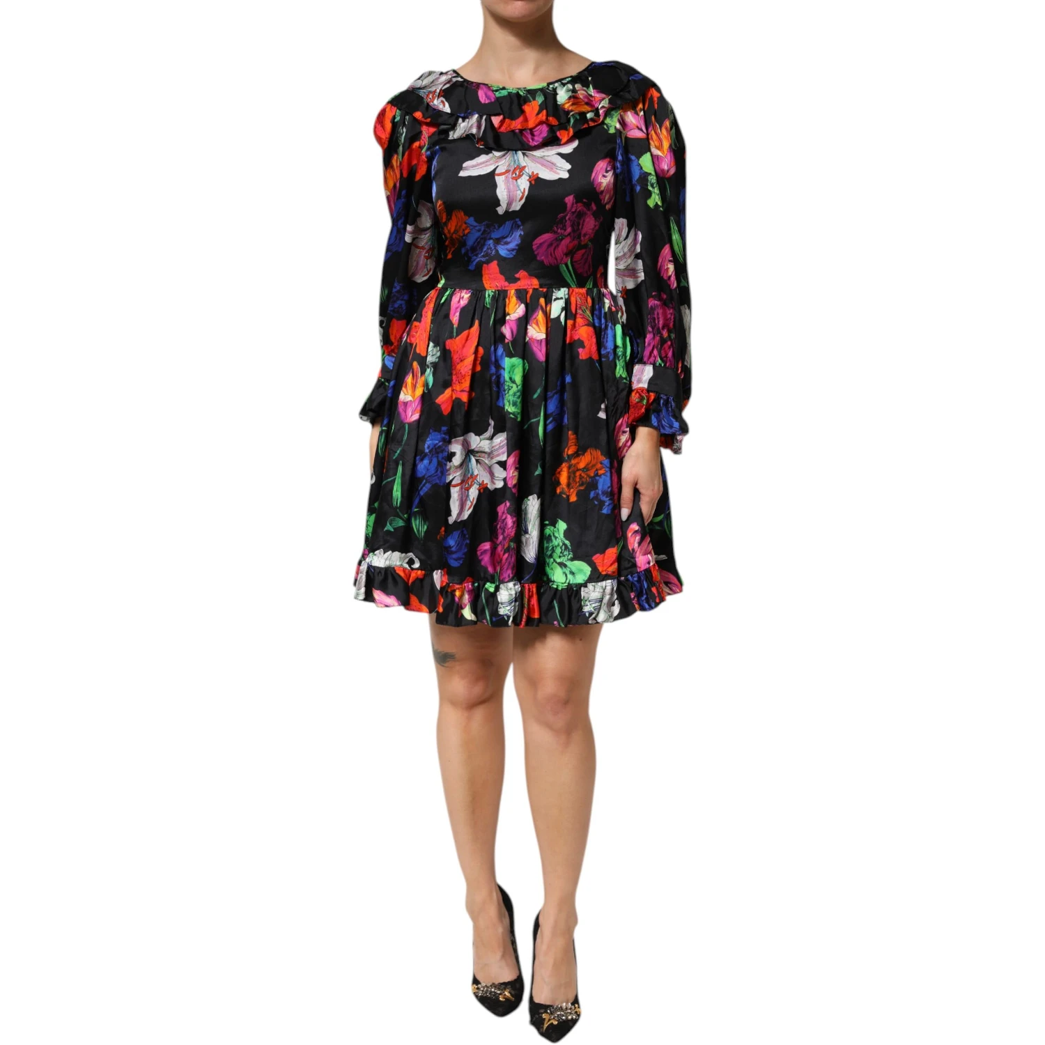 Dress Black Multicolor Floral Ruffle Long Sleeve Mini Dress