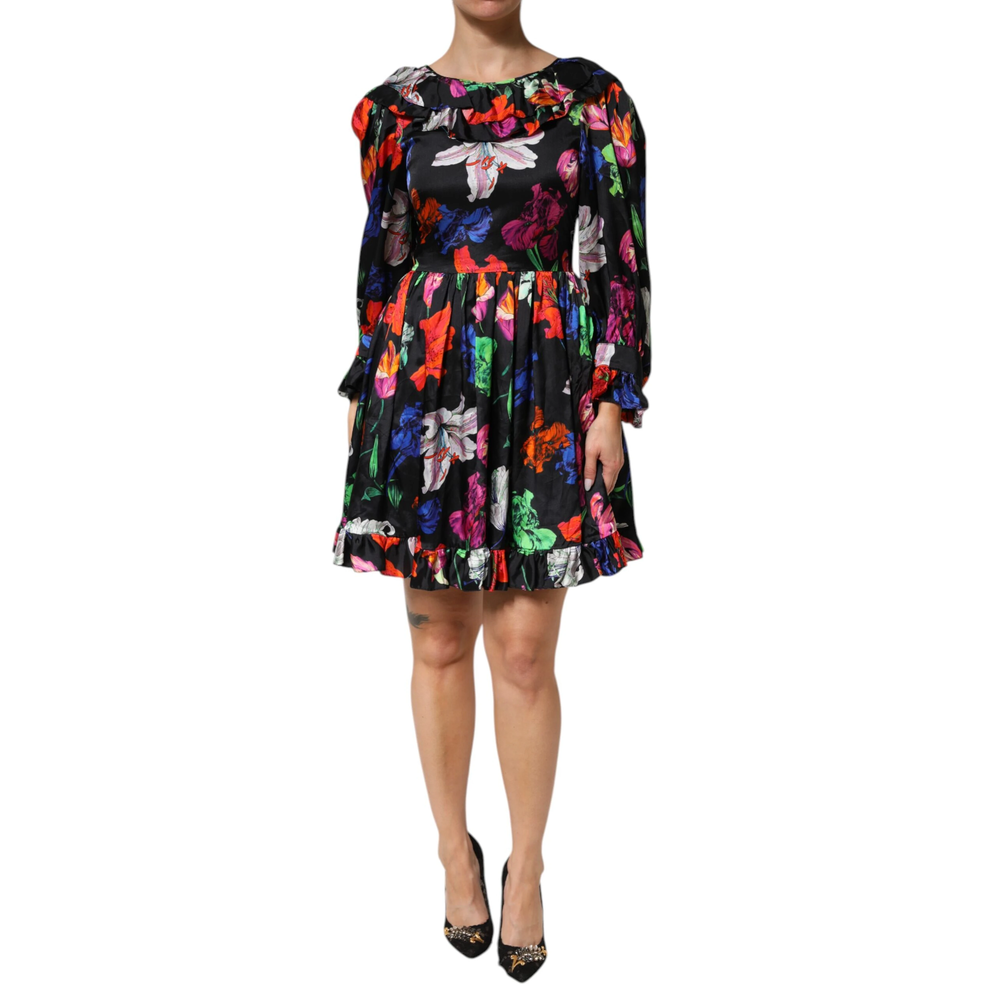 Dress Black Multicolor Floral Ruffle Long Sleeve Mini Dress