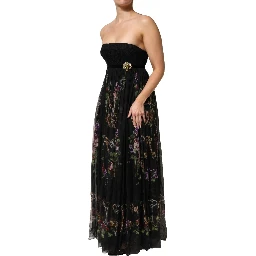 Black Floral Key Print Crystal Strapless Dress