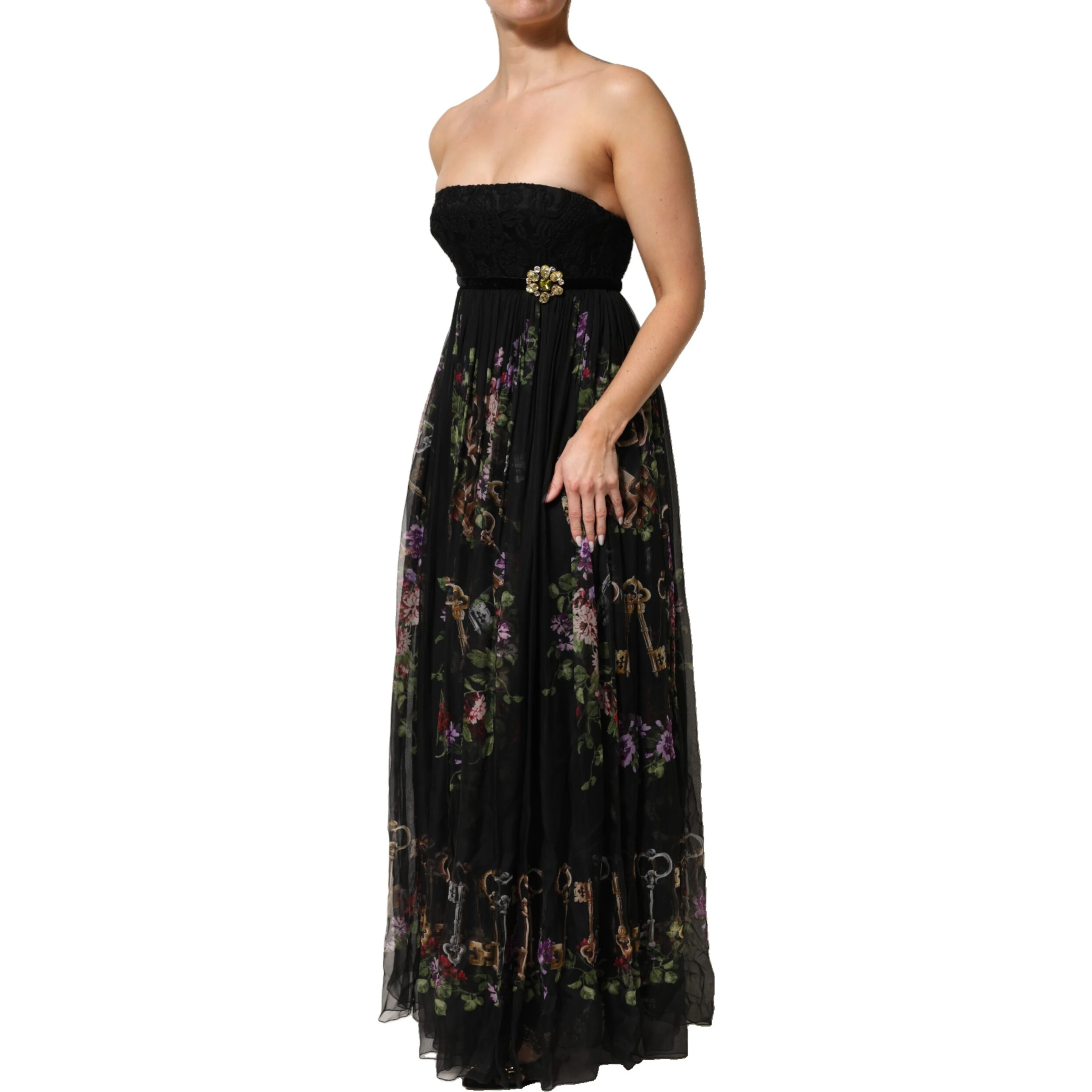 Black Floral Key Print Crystal Strapless Dress