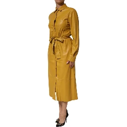 Polyester Belted Shirt Midi Long Sleeve Yellow Mustard