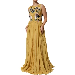 Yellow Silk Floral Embroidered Maxi Dress