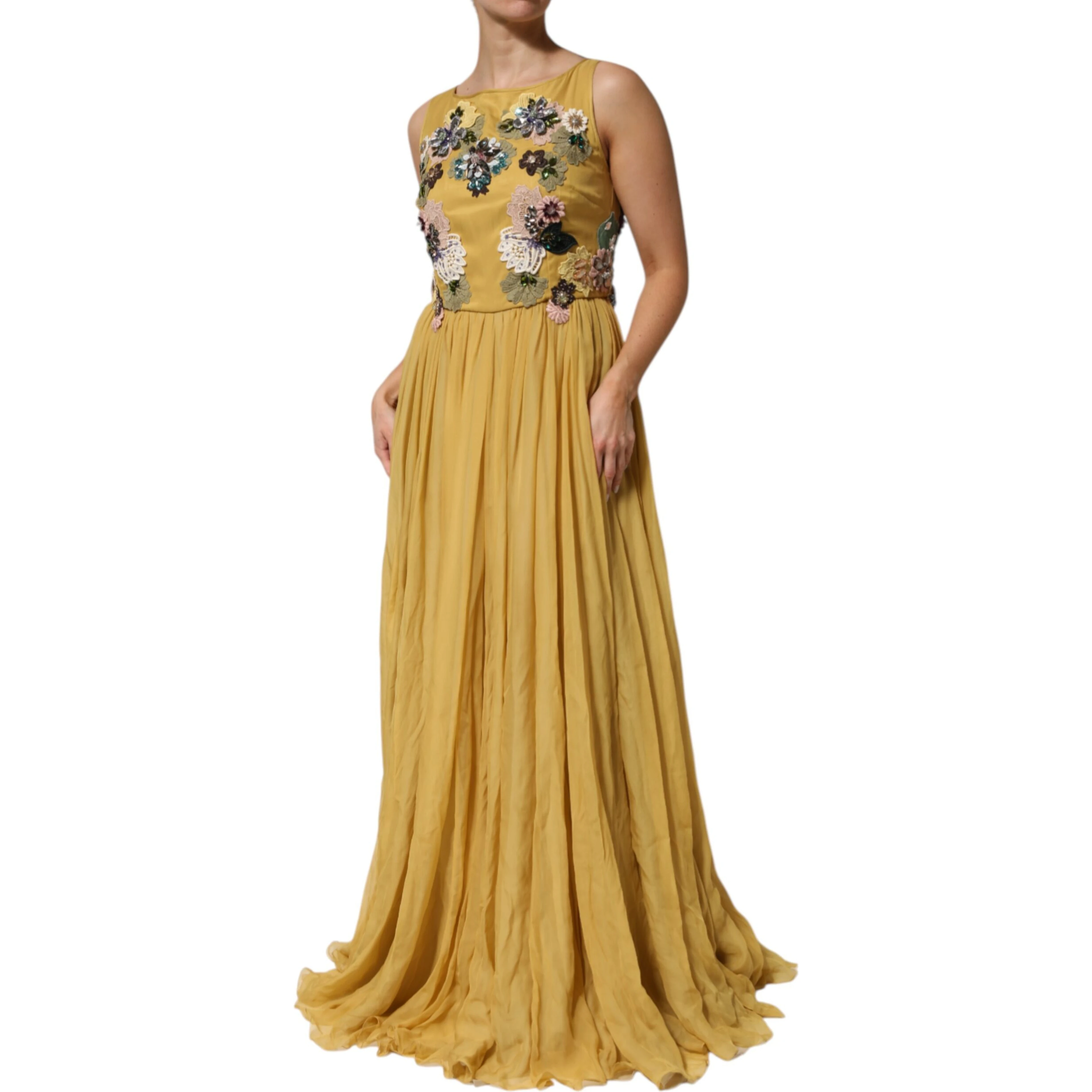 Yellow Silk Floral Embroidered Maxi Dress