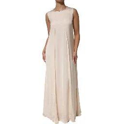 Beige Viscose Pleated Sleeveless Long Maxi Dress