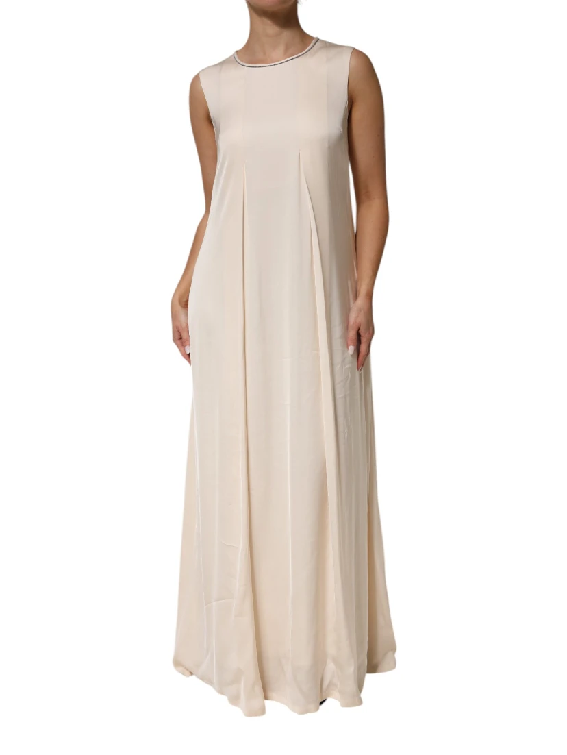 Beige Viscose Pleated Sleeveless Long Maxi Dress