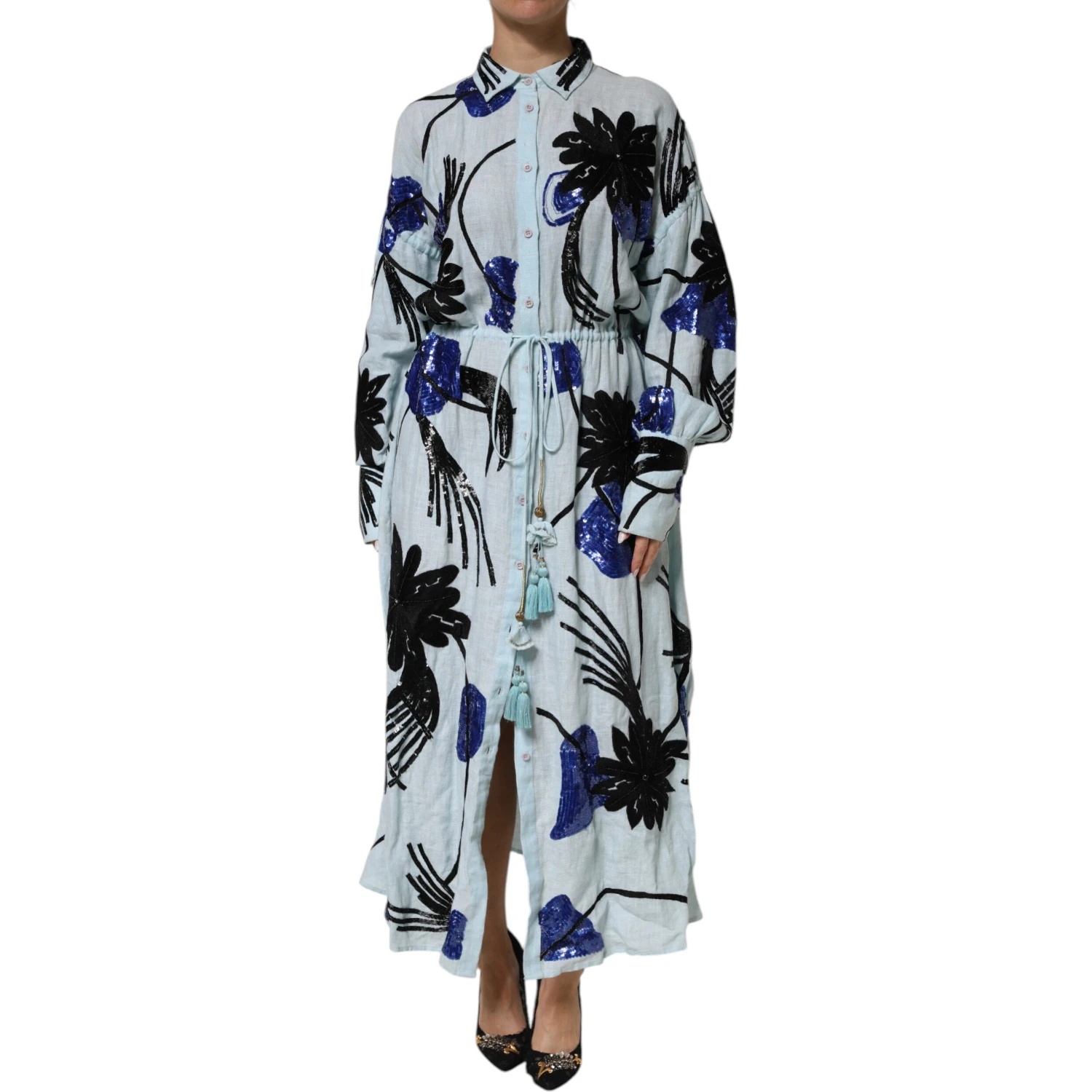 Blue Sequin Embellished Shirt Maxi Dress