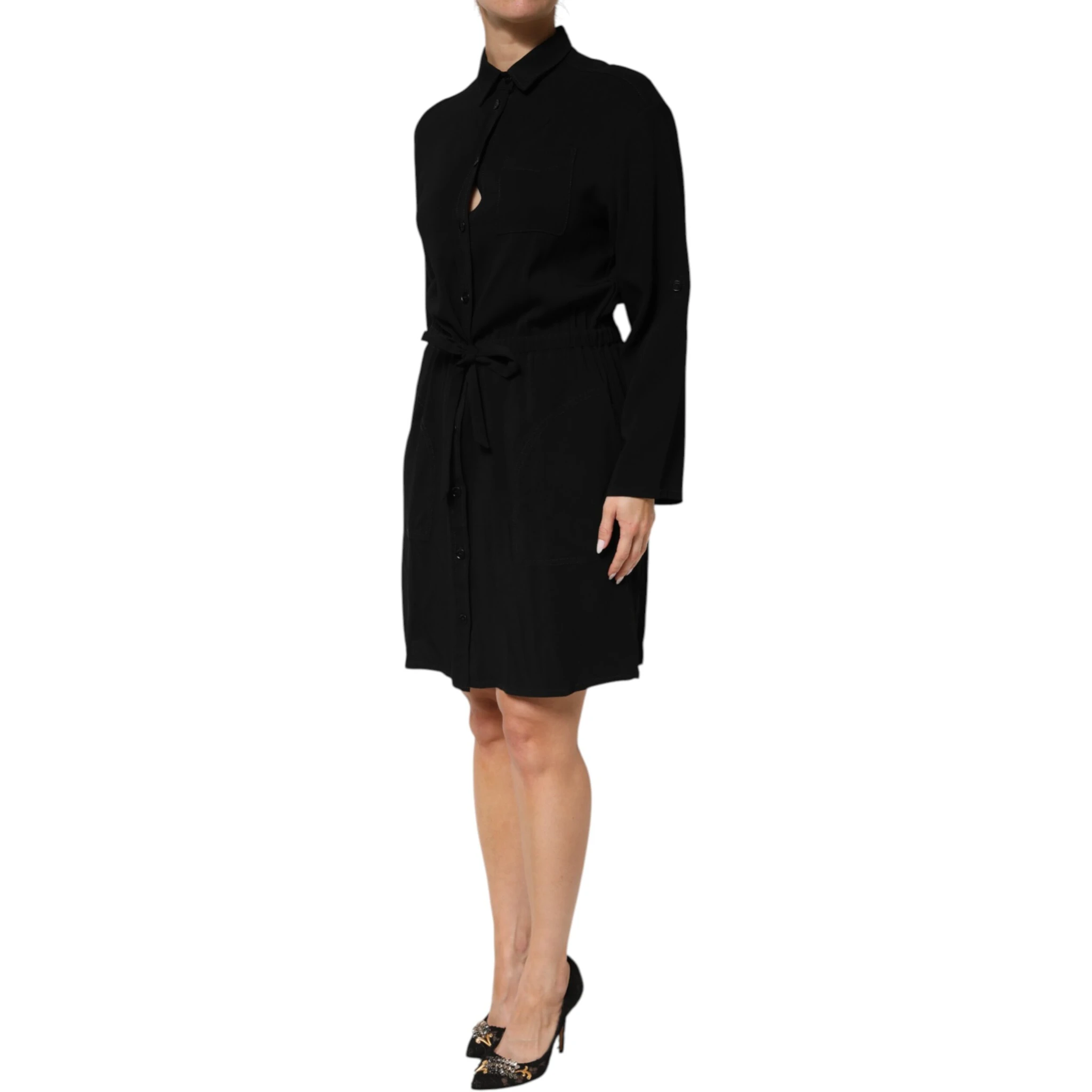 Black Viscose Blend Shirt Style Belted  Dress