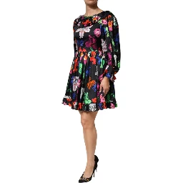 Dress Black Multicolor Floral Ruffle Long Sleeve Mini Dress