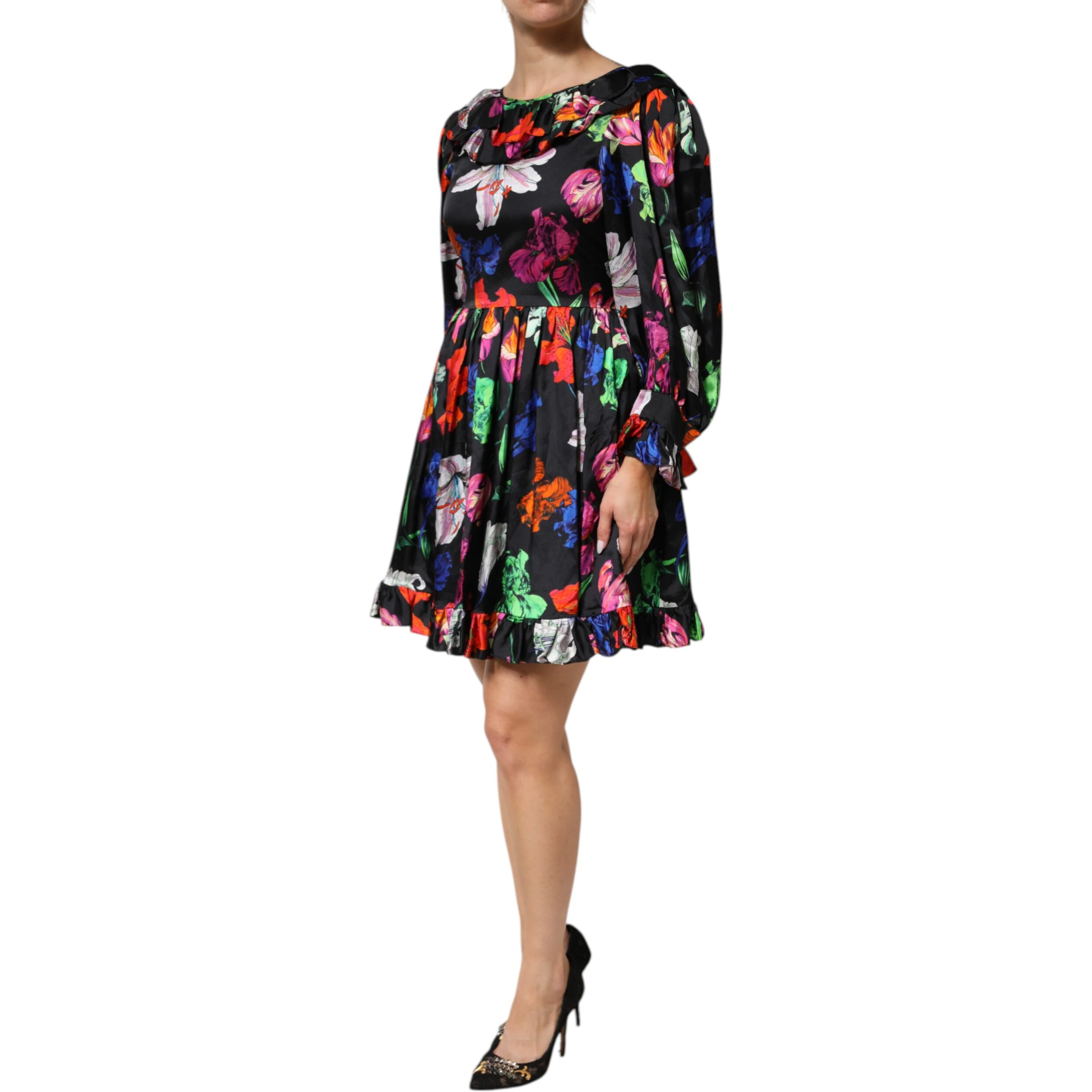 Dress Black Multicolor Floral Ruffle Long Sleeve Mini Dress