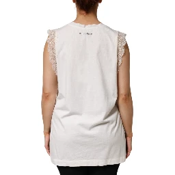 White Silk Blend Lace Trim Sleeveless V-Neck Women’s Top