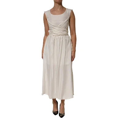 Ivory White Sleeveless Maxi Cupro Viscose Dress