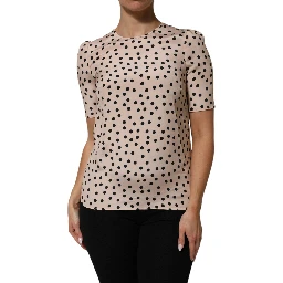 Beige Black Polka Dot Silk Short Sleeve Blouse Top