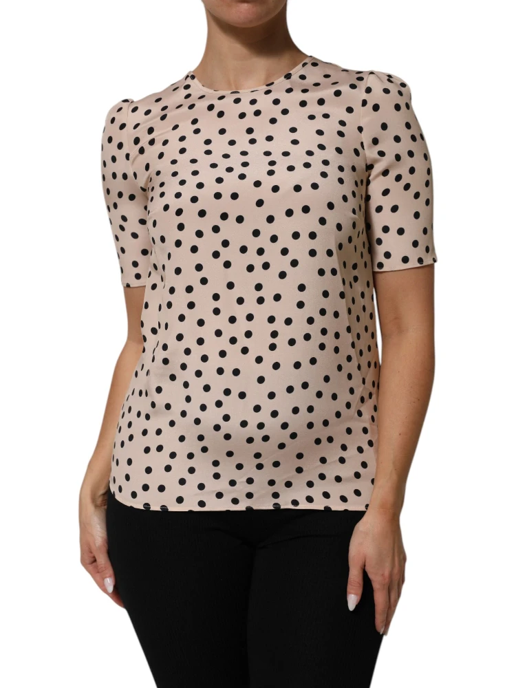 Beige Black Polka Dot Silk Short Sleeve Blouse Top