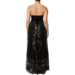 Black Floral Key Print Crystal Strapless Dress